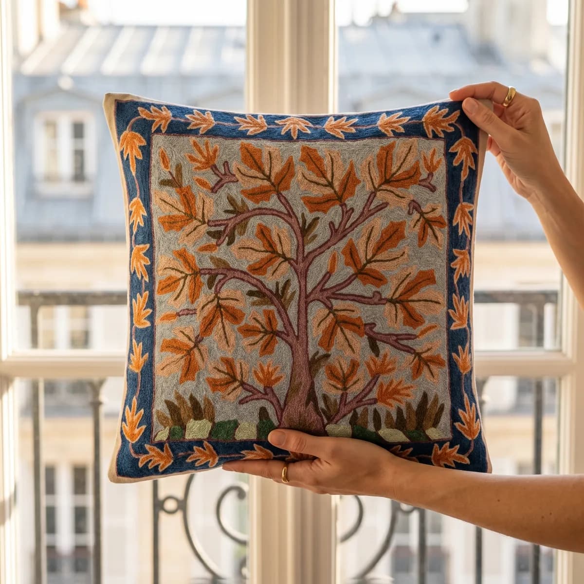 Allover Hand Embroidered Kashmiri Crewel 16×16 Cushion Cover — view 1