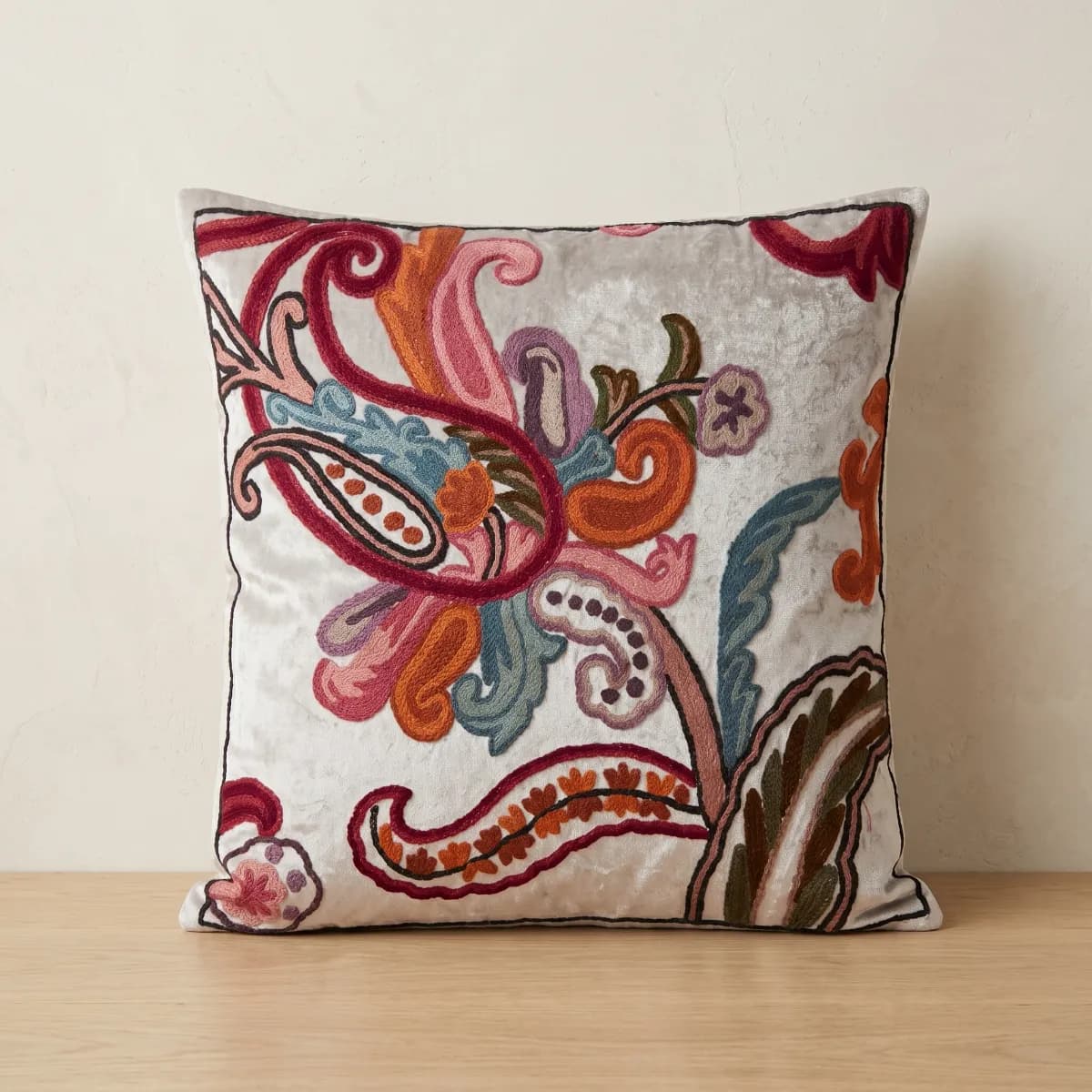 Beige Floral Hand Embroidered Kashmiri Crewel 16×16 Cushion Cover — view 1