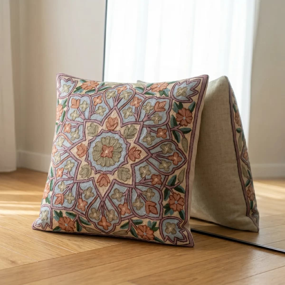 Heritage Motif Hand Embroidered Kashmiri Crewel 16×16 Cushion Cover — view 1