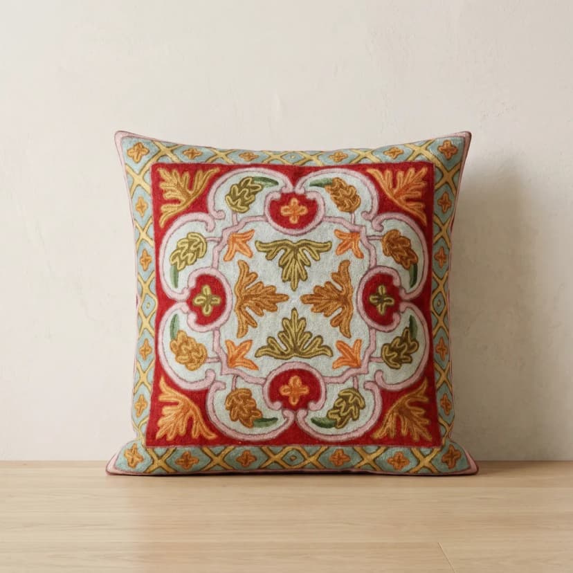 Mustard Vine Hand Embroidered Kashmiri Crewel 16×16 Cushion Cover
