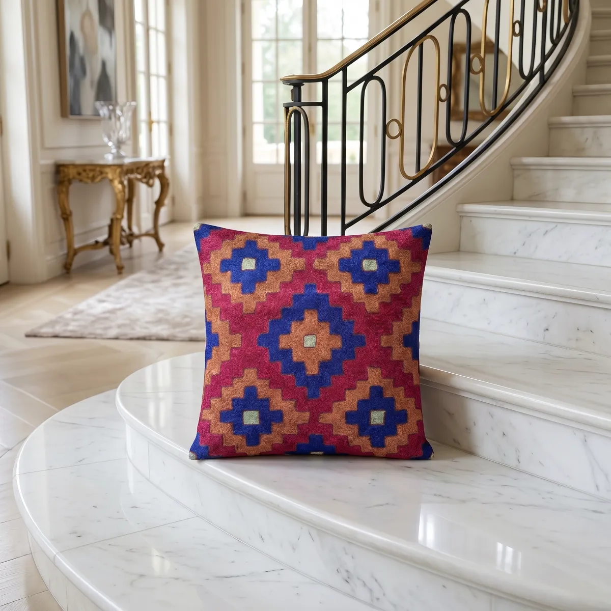 Rust Floral Hand Embroidered Kashmiri Crewel 16×16 Cushion Cover — view 1